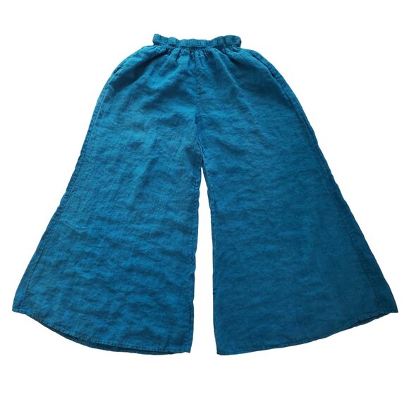 Made In Italy 100% Linen Super Wide Leg Ankle Palazzo Pants Turquoise Blue Sz M - Picture 2 of 15